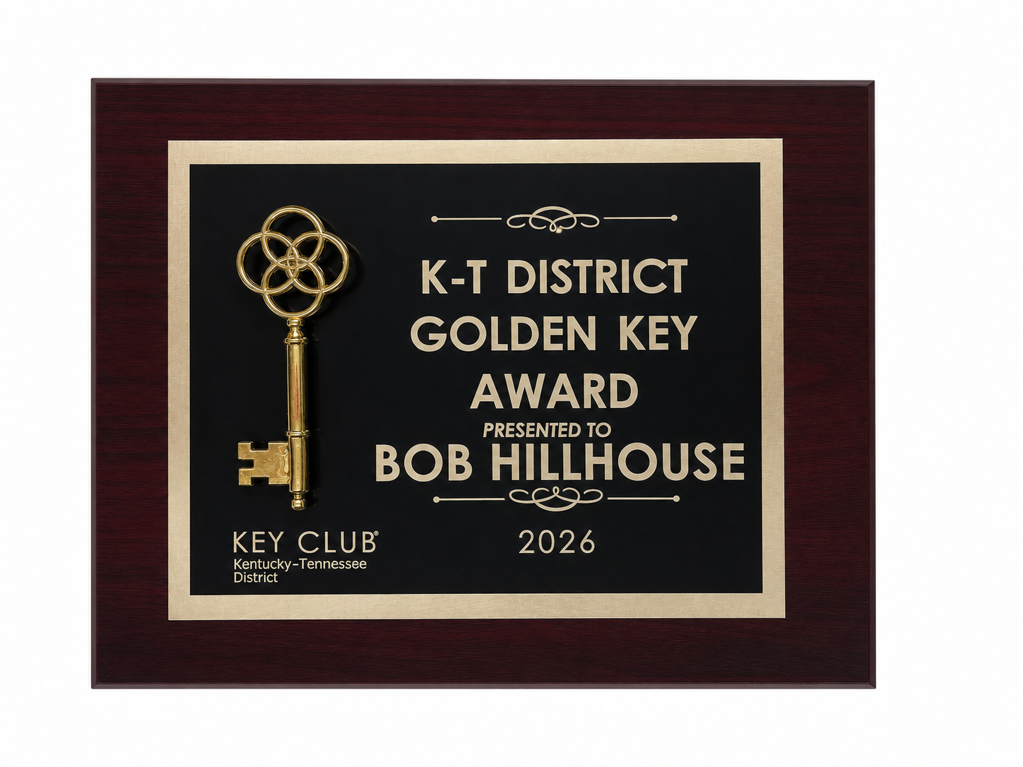 K-T District Golden Key Award plaque for Bob Hillhouse, laser engraved with a gold key