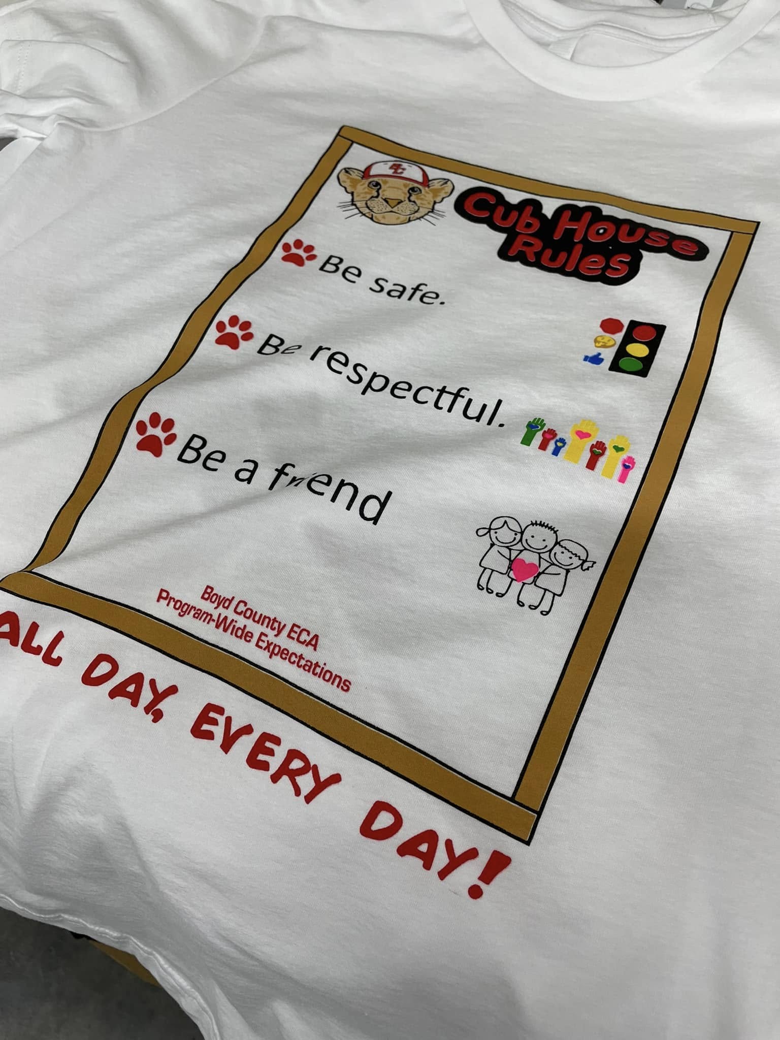 Boyd County Cub House Rules shirt, screen printed in full color on white