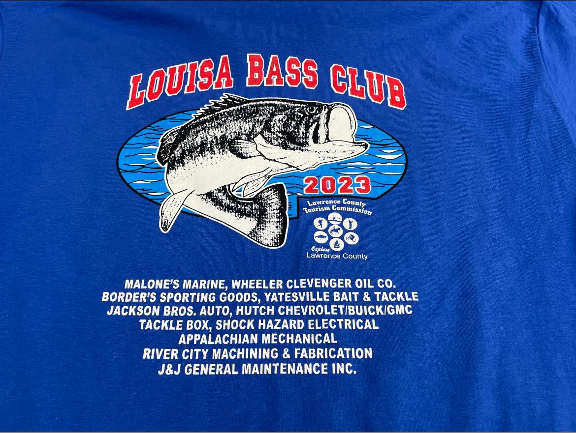 Louisa Bass Club 2023 tournament shirt, screen printed in full color with the sponsor list